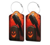 Etichetta per bagagli in pelle con corvo gotico su lapide, luna rossa, confezione da 2, con patta per la privacy, etichetta identificativa e anello in metallo, per donne e uomini, da viaggio