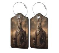 Etichetta per bagagli in pelle con lepre che indossa un abito vittoriano in tweed per valigie, confezione da 2 etichette per bagagli con patta per la privacy, etichetta identificativa con nome e