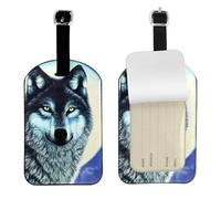 Etichetta per bagagli in pelle PU con lupo sotto la luna, doppia faccia personalizzata da viaggio con copertura per la privacy