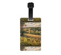 Etichetta per bagagli in PVC con immagine di una fattoria e un cervo, con spazio per nome e identificativo, per un'identificazione rapida dei bagagli.