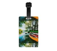 Etichetta per bagagli in PVC con scritta "Lago con barche e canoe, parco", personalizzabile con nome e tessera identificativa, per un'identificazione rapida dei bagagli.
