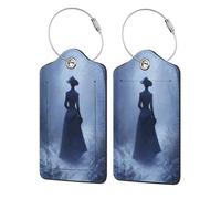 Etichetta per bagagli invernale misteriosa che cammina attraverso la nebbia per valigia, confezione da 2 etichette per bagagli in pelle con patta per la privacy, etichetta identificativa con nome e