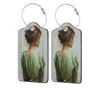 Etichetta per bagagli per valigia con giovane donna in verde chiaro, confezione da 2 etichette per bagagli in pelle con patta per la privacy, etichetta identificativa con nome e anello in metallo, per