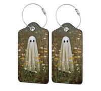 Etichetta per bagagli per valigia, fantasma nel campo dei fiori selvatici, confezione da 2 etichette per bagagli in pelle con patta per la privacy, etichetta identificativa con nome e anello in