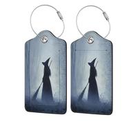 Etichetta per bagagli per valigia, motivo fantasia scura, scopa, foresta nebbiosa, confezione da 2, in pelle, con patta per la privacy, etichetta identificativa con nome e anello in metallo, per donne