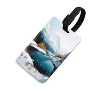 Etichetta per bagagli, protezione della privacy, etichette per valigie da viaggio, montagne invernali, scena innevata, accessori da viaggio essenziali per valigie