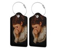 Etichetta per bagagli vintage con donna che tiene il naso per valigia, confezione da 2 etichette per bagagli in pelle con patta per la privacy, etichetta identificativa con nome e anello in metallo