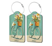 Etichetta per bagagli vintage con gatto sulla bicicletta, confezione da 2 etichette per bagagli in pelle con patta per la privacy, etichetta identificativa con nome e anello in metallo, per donne e