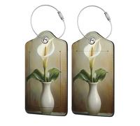 Etichetta per bagagli vintage con giglio bianco in un semplice vaso, confezione da 2 etichette per bagagli in pelle con patta per la privacy, etichetta identificativa con nome e anello in metallo, per