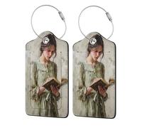 Etichetta per bagagli vintage con giovane donna che legge un vecchio libro per valigia, confezione da 2 etichette per bagagli in pelle con patta per la privacy, etichetta identificativa con nome e