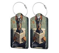 Etichetta per bagaglio a forma di cane Doberman con occhiali che legge il giornale sul water, confezione da 2, divertente etichetta per bagaglio in pelle da bagno con patta per la privacy, etichetta