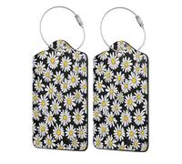 Etichetta per bagaglio a forma di margherita bianca nera, 2 pezzi, per valigia, passaporto, in pelle con anello in acciaio inossidabile, etichetta identificativa con nome, copertura per la privacy, p