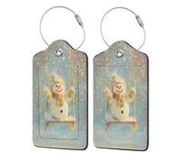 Etichetta per bagaglio a forma di pupazzo di neve felice, etichetta per bagaglio in pelle con patta per la privacy, etichetta identificativa con nome e anello in metallo