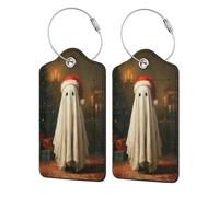 Etichetta per bagaglio a forma di simpatico fantasma che indossa un cappello da Babbo Natale, confezione da 2, etichetta per bagaglio in pelle con patta per la privacy, etichetta identificativa con no