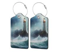 Etichetta per bagaglio "A Lighthouse On The Waves", etichetta per bagaglio da viaggio in pelle PU, etichetta per valigia con anello in acciaio resistente, identificatori