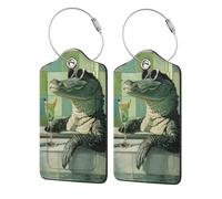 Etichetta per bagaglio con coccodrillo che indossa occhiali da sole nella vasca da bagno, etichetta per bagaglio in pelle con patta per la privacy, etichetta identificativa con nome e anello in meta