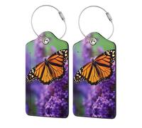 Etichetta per bagaglio con farfalle su fiori viola, etichetta per bagaglio da viaggio in pelle PU, etichetta per valigia con anello in acciaio resistente, identificatori