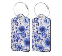Etichetta per bagaglio con frammenti floreali blu, etichetta per bagaglio da viaggio in pelle PU, etichetta per valigia, etichetta per valigia con anello in acciaio resistente, identificatori
