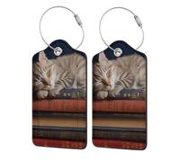 Etichetta per bagaglio con gatto che dorme su un libro, etichetta per bagaglio da viaggio in pelle PU, etichetta per valigia con anello in acciaio resistente, identificatori