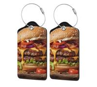 Etichetta per bagaglio con hamburger su assi di legno, etichetta per bagaglio da viaggio in pelle PU, etichetta per valigia con anello in acciaio resistente, identificatori