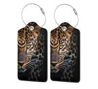 Etichetta per bagaglio con leopardo su sfondo scuro, etichetta per bagaglio da viaggio in pelle PU, etichetta per valigia con anello in acciaio resistente, identificatori di etichette per valigie