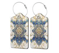 Etichetta per bagaglio con mandala blu e oro fantasy con patta per la privacy per etichette per bagagli in pelle per valigia, 2 pezzi