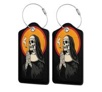 Etichetta per bagaglio con mani in preghiera e scheletro di suora, etichetta per bagaglio in pelle con patta per la privacy, etichetta identificativa con nome e anello in metallo