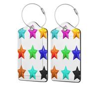 Etichetta per bagaglio con pentagrammi nei colori dell'arcobaleno, etichetta per bagaglio in pelle con patta per la privacy, etichetta identificativa con nome e anello in metallo per viaggi da donna