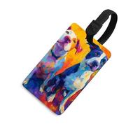 Etichetta per bagaglio con stampa di due cani dai colori vivaci, personalizzabile con nome, per valigia o zaino.