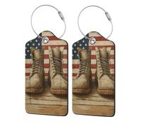 Etichetta per bagaglio con stivali da soldato americano su tavola con patta per la privacy per etichette per bagagli in pelle per valigia, 2 pezzi