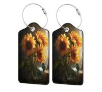 Etichetta per bagaglio con tre girasoli immersi nella luce dorata, etichetta per bagaglio in pelle con patta per la privacy, etichetta identificativa con nome e anello in metallo per viaggi da donna