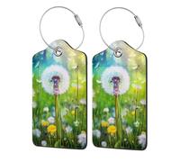 Etichetta per bagaglio Dandelions On The Grassland, etichetta per bagaglio da viaggio in pelle PU, etichetta per valigia, etichetta per valigia con anello in acciaio resistente, identificatori