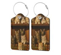 Etichetta per bagaglio in acciaio inossidabile e pelle con simpatici gattini su scaffale della biblioteca, protezione della privacy per adulti