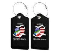 Etichetta per bagaglio in pelle con bandiera per metà della Guinea Equatoriale e per metà degli Stati Uniti, con anello in acciaio inossidabile e protezione per la privacy per valigia Travel7