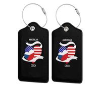 Etichetta per bagaglio in pelle con bandiera per metà della Guinea Equatoriale e per metà degli Stati Uniti, con anello in acciaio inossidabile e protezione per la privacy per valigia Travel7