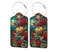 Etichetta per bagaglio in pelle con scena di Halloween, zucca, viticci e fiori, con patta per la privacy, etichetta identificativa con nome e anello in metallo