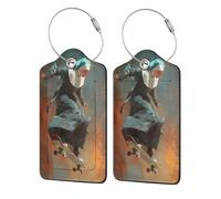 Etichetta per bagaglio in pelle con suora che si esibisce in skateboard, etichetta identificativa per valigia con patta per la privacy e anello in metallo