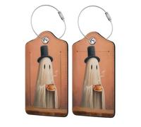 Etichetta per bagaglio vintage con fantasma di Halloween che beve il tè, etichetta per bagaglio in pelle con patta per la privacy, etichetta identificativa con nome e anello in metallo per viaggi da