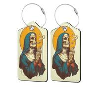 Etichetta per bagaglio vintage con mani in preghiera e scheletro di suora, etichetta per bagaglio in pelle con patta per la privacy, etichetta identificativa con nome e anello in metallo