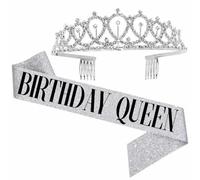 Etichetta per feste di compleanno Spallacci per abito Corona per ragazza di compleanno Corona in polvere oro rosa Accessori per foto per feste Fascia per capelli-regina argentata 2 pezzi