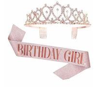 Etichetta per feste di compleanno Spallacci per abito Corona per ragazza di compleanno Corona per foto di festa in polvere color oro rosa Cerchietto per capelli-ragazza color oro rosa 2 pezzi