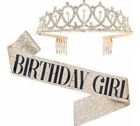 Etichetta per feste di compleanno Spallacci per abito Corona per ragazza di compleanno Corona per foto di festa in polvere color oro rosa Fascia per capelli-ragazza dorata 2 pezzi