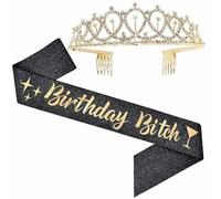 Etichetta per feste di compleanno Spallacci per abito Corona per ragazza di compleanno Oro rosa Polvere Accessori per foto per feste Cerchietto-nero 2 pezzi