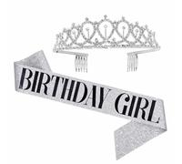 Etichetta per feste di compleanno Spallacci per abito da ragazza di compleanno Corona in polvere oro rosa Accessori per foto per feste Fascia per capelli-ragazza argentata 2 pezzi