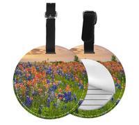 Etichetta rotonda per bagagli in pelle con divertente paesaggio Texas Bluebonnets stampato per valigie, borse da viaggio e borse in pelle, facile da identificare con etichetta identificativa per la