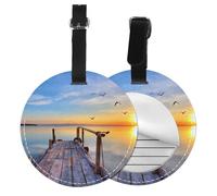 Etichetta rotonda per bagagli in pelle divertente con lago sotto il tramonto stampato etichette per bagagli per valigie, borse da viaggio e borse in pelle, facile da identificare con etichetta