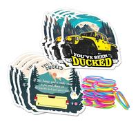 Etichette a forma di anatra con scritta in lingua inglese "You 've Been Ducked", carte da gioco con anatra con foro e elastici in gomma, design retrò auto SUV gialla, confezione da 50 pezzi 7FD236