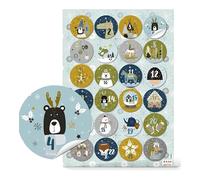 Etichette adesive calendario avvento 1-24, set di 24: numeri con animali natalizi per bambini, stickers numerati colorati per sacchetti, scatole, carta regalo, adesivi natalizi, Ø 4 cm