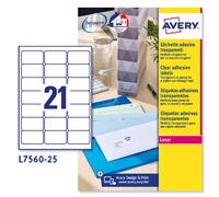 etichette adesive l7560 - in poliestere - laser - permanenti - 63,5 x 38,1 mm - 21 et/fg - 25 fogli - trasparente - aver