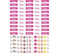 Etichette Adesive Personalizzate per Bambine con Nome per bimbe, Impermeabili, Confezione da 50 Pezzi femminili colore rosa con simpatici disegni a tema. (Rita)